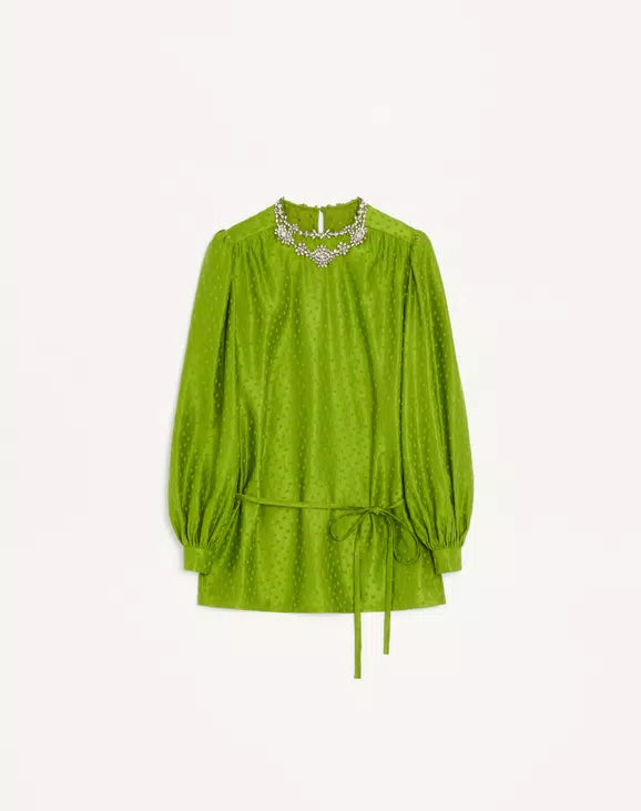 Embroidered Silk-Linen Plus De Pois Jacquard Top
