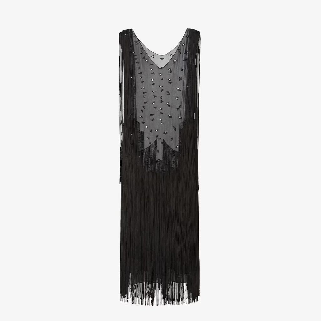 Black silk dress with mirrors and fringes