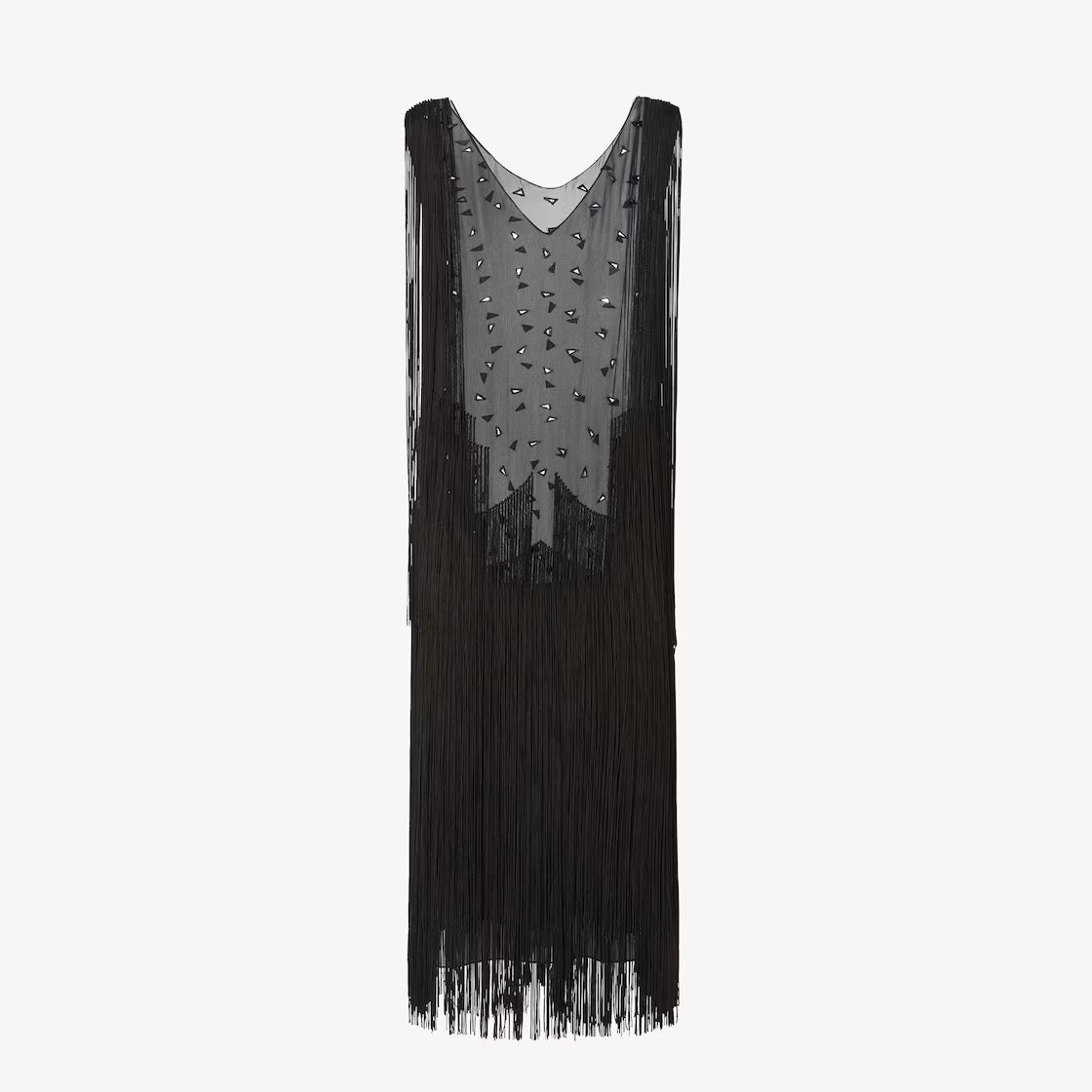 Black silk dress with mirrors and fringes