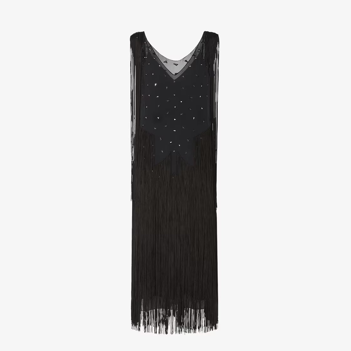 Black silk dress with mirrors and fringes