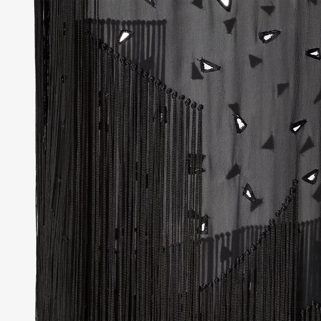 Black silk dress with mirrors and fringes