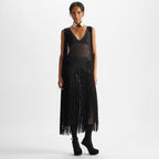 Black silk dress with mirrors and fringes