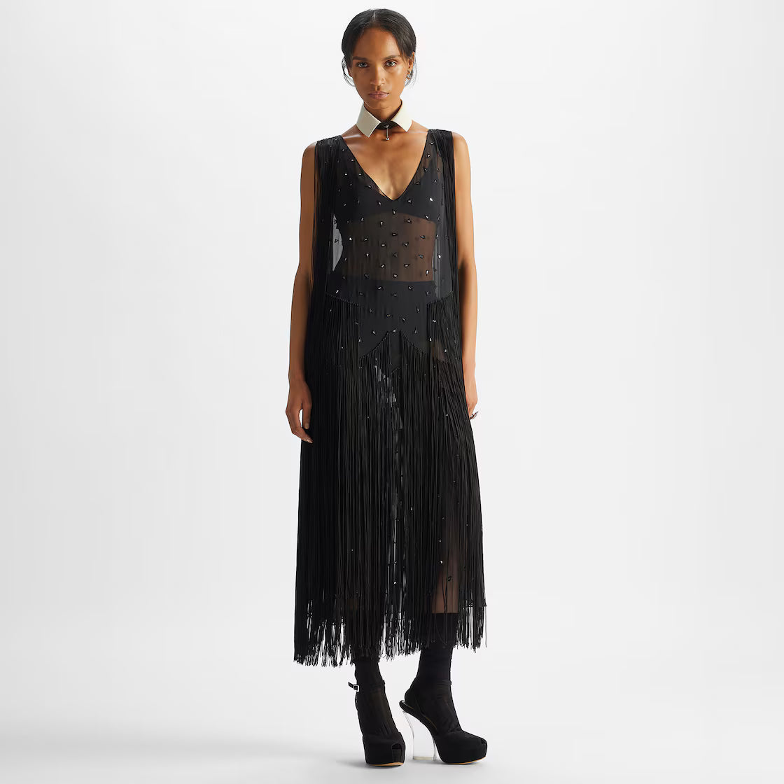 Black silk dress with mirrors and fringes