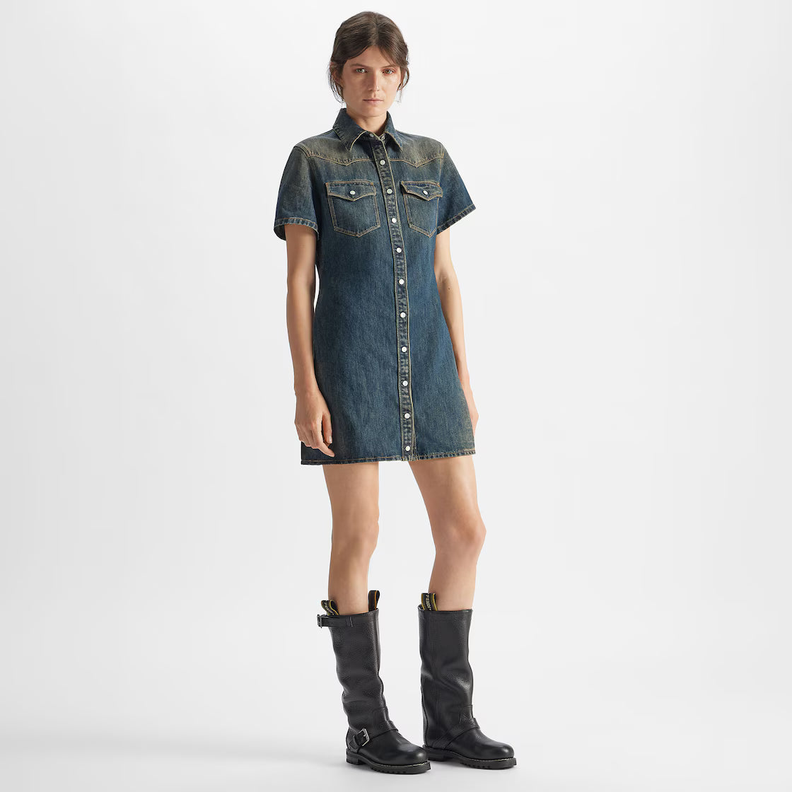 Blue washed denim short dress