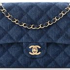 Printed Denim Quilted Medium Double Flap Dark Blue