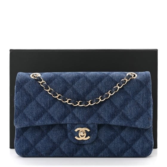 Printed Denim Quilted Medium Double Flap Dark Blue