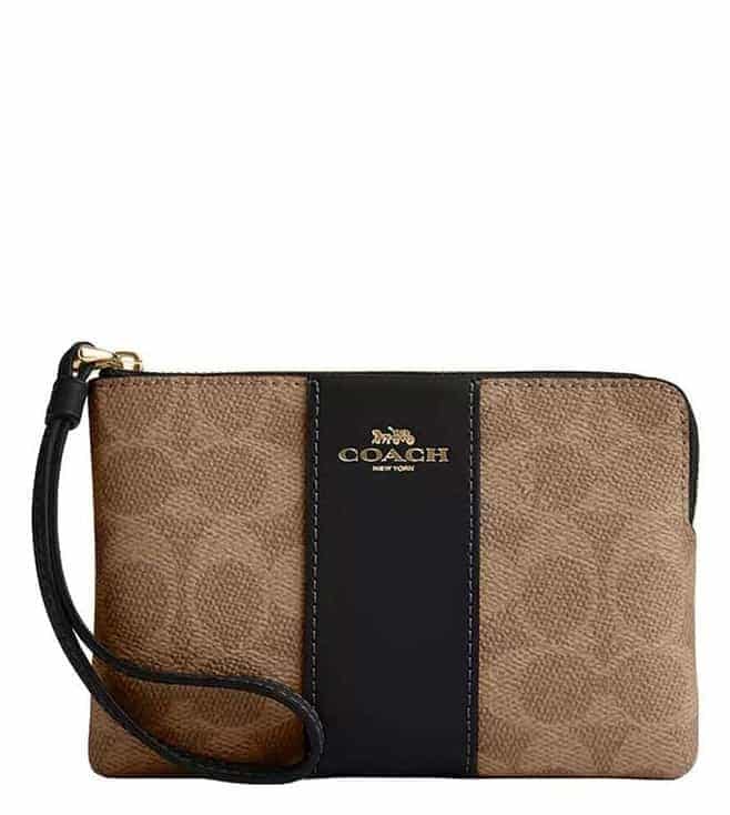 Tan Striped Signature Wristlet Pouch