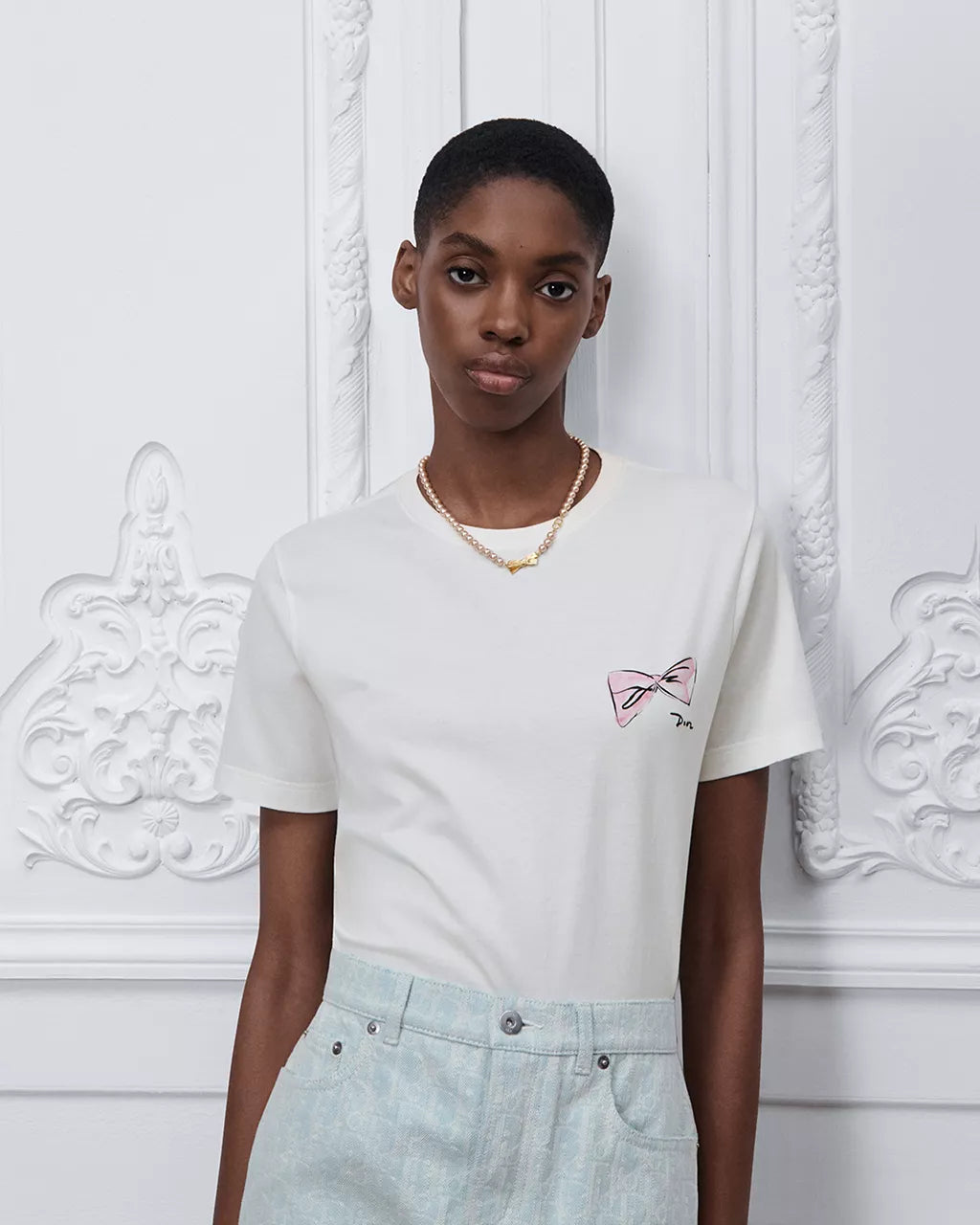 White Cotton Jersey with Pink Dior Bows Motif RUNWAY DELUXE