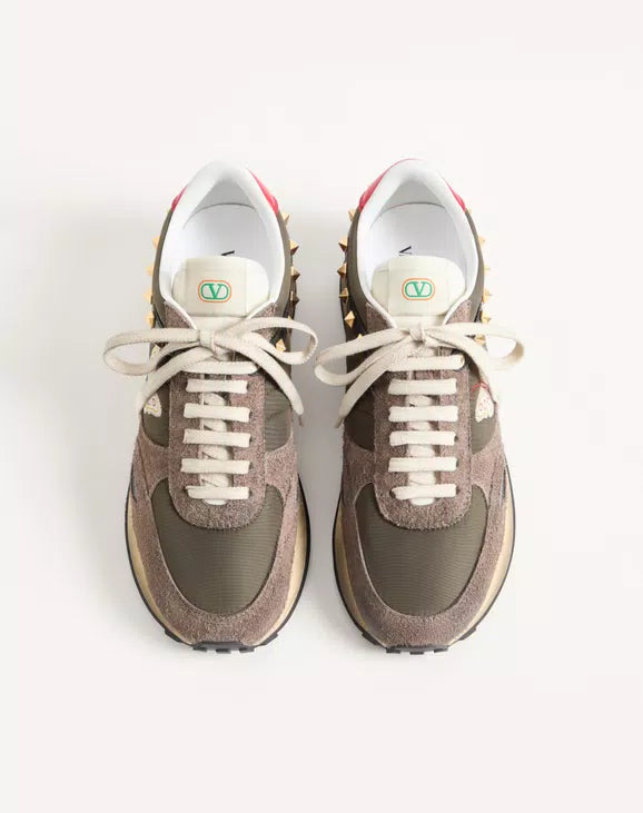 Stud Up Sneaker in Split Leather and Nylon with Butterfly Embroidery