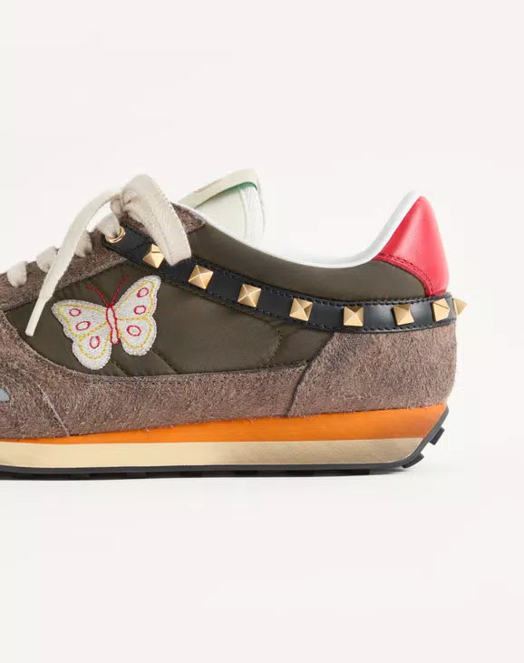 Stud Up Sneaker in Split Leather and Nylon with Butterfly Embroidery