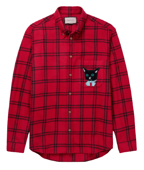 GUCCI Oversized Button-Down Collar Appliquéd Checked Wool-Blend Flannel Shirt