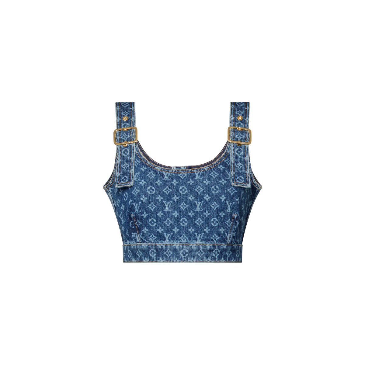 Monogram Denim Buckle Strap Crop Top RUNWAY DELUXE