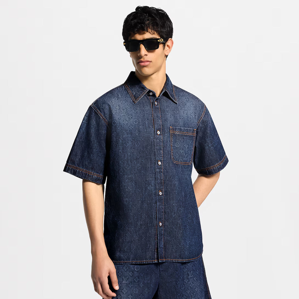 Monogram Washed Chambray Short-Sleeved Shirt RUNWAY DELUXE