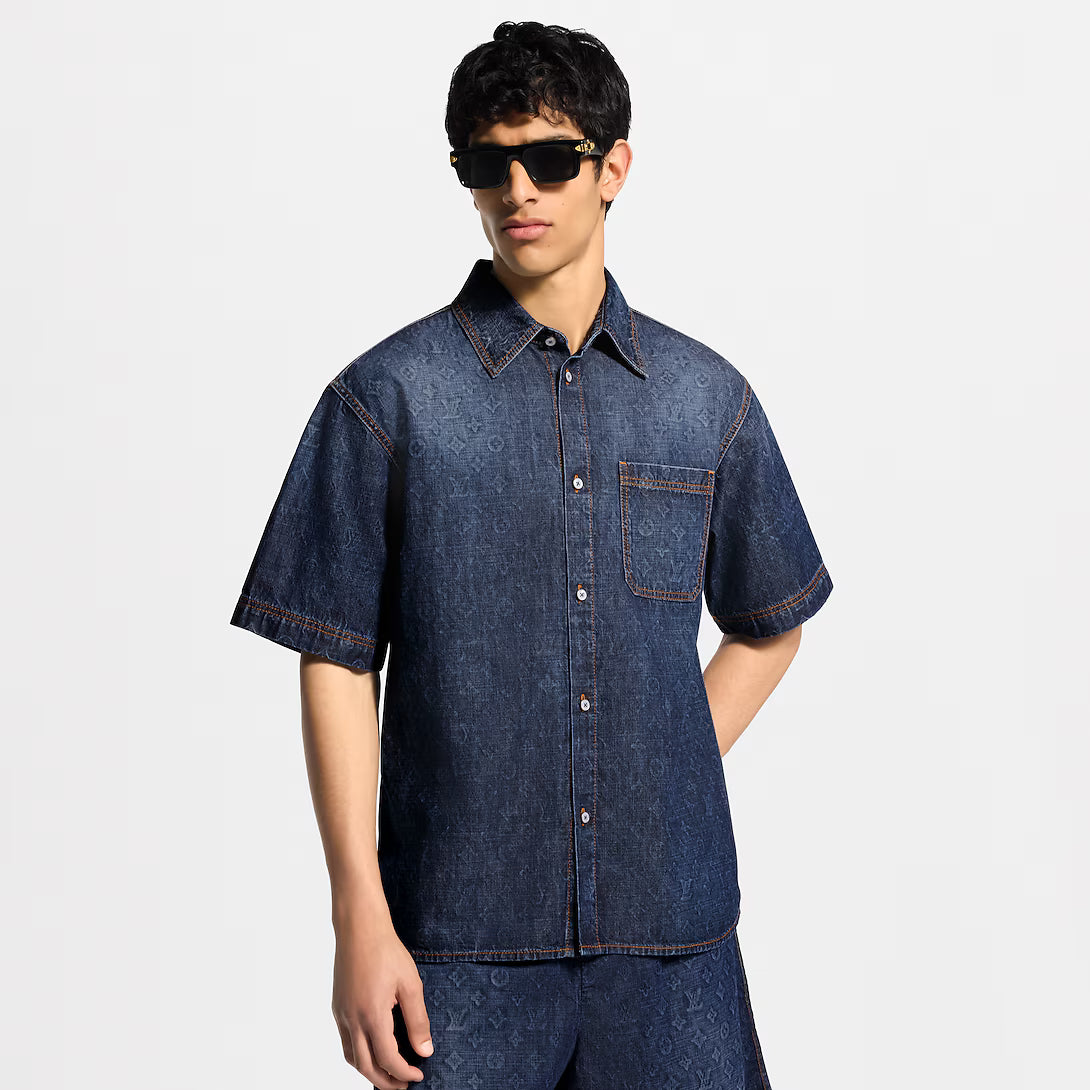 Monogram Washed Chambray Short-Sleeved Shirt RUNWAY DELUXE