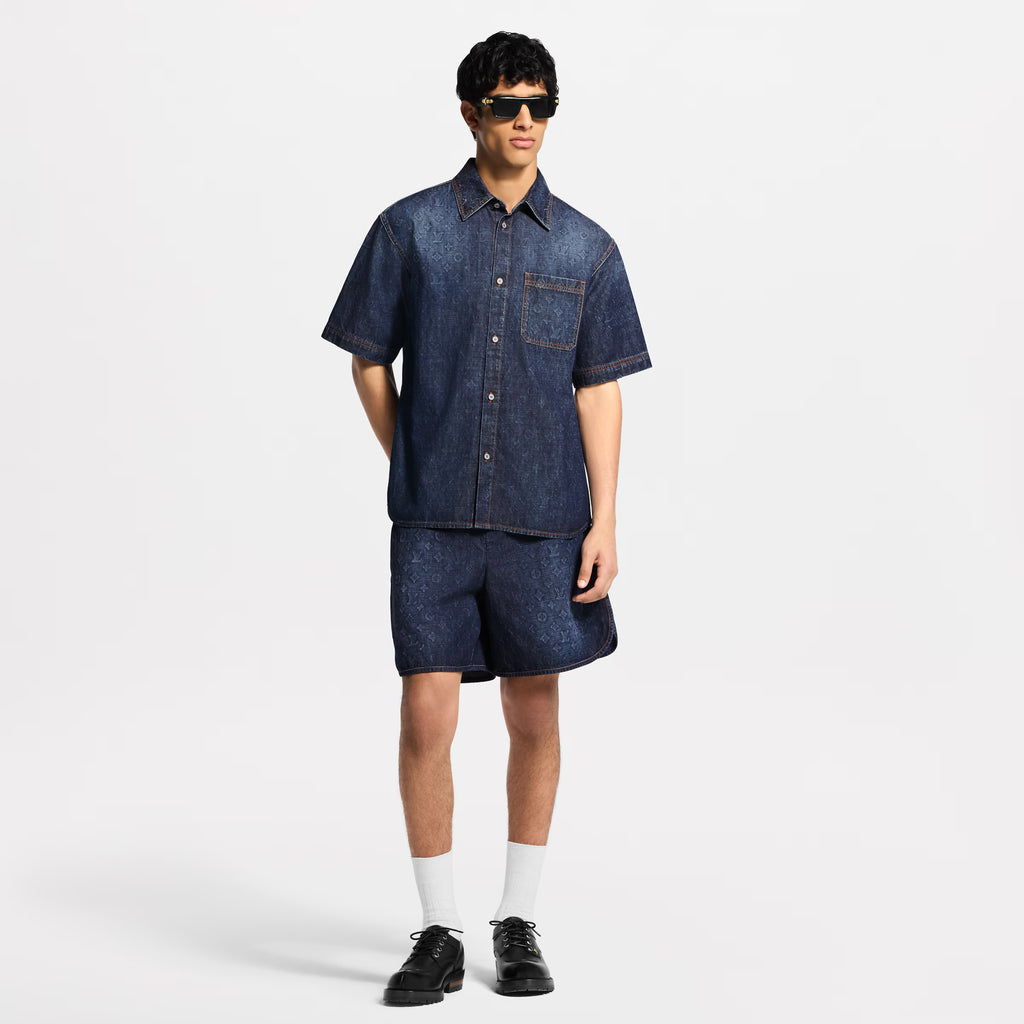 Monogram Washed Chambray Short-Sleeved Shirt RUNWAY DELUXE