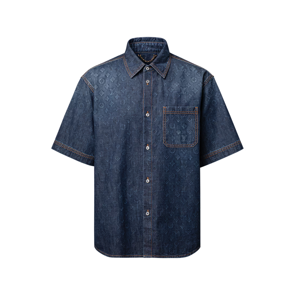 Monogram Washed Chambray Short-Sleeved Shirt RUNWAY DELUXE