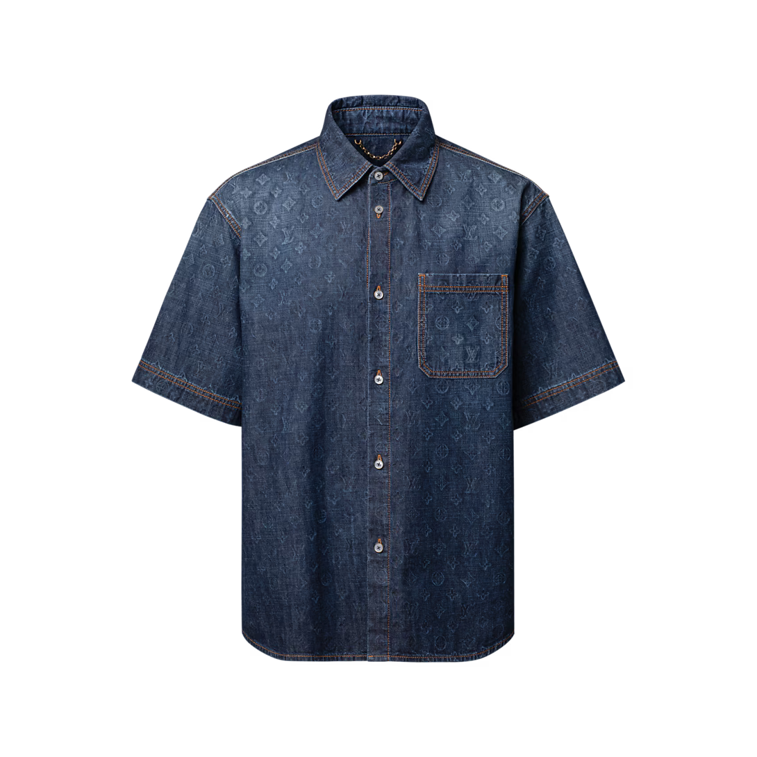 Monogram Washed Chambray Short-Sleeved Shirt RUNWAY DELUXE