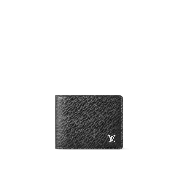 The Louis Vuitton Multiple Wallet in black Taiga leather features a sleek design with silver-tone LV Initials, multiple card slots, bill compartments, and a compact structure for everyday sophistication.