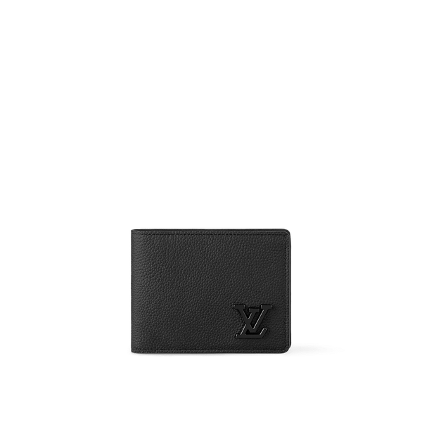Louis Vuitton Multiple Wallet LV Aerogram in black grained calf leather with black metal LV initials and multiple compartments.